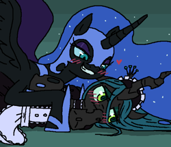 Size: 1148x988 | Tagged: artist needed, safe, imported from derpibooru, nightmare moon, queen chrysalis, alicorn, changeling, changeling queen, pony, blushing, chrysmoon, clothes, female, heart, lesbian, maid, mare, shipping