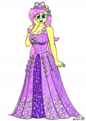 Size: 1920x2719 | Tagged: safe, artist:killerteddybear94, imported from derpibooru, fluttershy, anthro, pegasus, pony, big breasts, breasts, busty fluttershy, clothes, crown, cute, dress, female, fluttershy day, gown, hand on face, high res, jewelry, looking at you, mare, open mouth, princess fluttershy, regalia, shyabetes, smiling, solo, traditional art, weapons-grade cute
