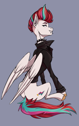 Size: 1225x1937 | Tagged: safe, artist:1an1, imported from derpibooru, zipp storm, pegasus, pony, alternate hairstyle, choker, clothes, collar, ear piercing, female, g5, gray background, looking back, mare, piercing, simple background, sitting, solo, spiked choker, spiked collar, unshorn fetlocks, wings