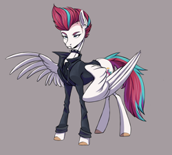 Size: 2044x1837 | Tagged: safe, artist:1an1, imported from derpibooru, zipp storm, pegasus, pony, alternate hairstyle, choker, clothes, collar, ear piercing, female, g5, gray background, mare, piercing, simple background, solo, spiked choker, spiked collar, spread wings, unshorn fetlocks, wings