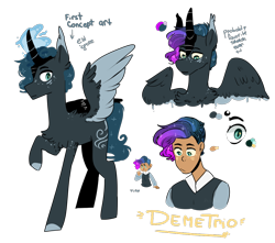 Size: 1704x1508 | Tagged: safe, artist:sugarysharky, imported from derpibooru, oc, oc only, oc:demetrio, alicorn, human, pony, chest fluff, glowing horn, horn, humanized, humanized oc, male, offspring, parent:princess luna, parent:unknown, reference sheet, simple background, solo, stallion, transparent background