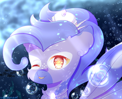 Size: 2400x1936 | Tagged: safe, artist:colorfuldiamondpl, imported from derpibooru, oc, oc only, fish, seapony (g4), bubble, commission, crepuscular rays, crown, female, fin wings, freckles, headshot commission, jewelry, looking at you, necklace, ocean, one eye closed, orange eyes, pearl necklace, regalia, seaweed, solo, sunlight, tongue out, underwater, water, wings, wink