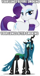 Size: 500x943 | Tagged: safe, editor:professorventurer, imported from derpibooru, queen chrysalis, rarity, changeling, changeling queen, pony, unicorn, before and after, caption, female, imgflip, implied drug use, implied smoking, meme, public service announcement, simple background, smoking, text, white background