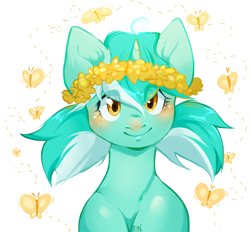 Size: 1266x1173 | Tagged: safe, artist:pledus, imported from derpibooru, lyra heartstrings, butterfly, pony, unicorn, blushing, bust, cute, female, floral head wreath, flower, looking at you, lyrabetes, mare, pigtails, simple background, solo, white background