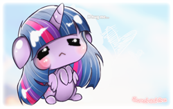 Size: 1000x632 | Tagged: safe, artist:jamchushine, imported from derpibooru, twilight sparkle, alicorn, pony, :<, chibi, cute, daaaaaaaaaaaw, eyes closed, floppy ears, heart, hnnng, hooves to the chest, hug request, sitting, solo, twiabetes, twilight sparkle (alicorn)