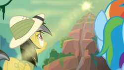 Size: 5555x3125 | Tagged: safe, artist:lincolnbrewsterfan, imported from derpibooru, daring do, rainbow dash, pegasus, pony, daring doubt, .svg available, butt, concerned, female, glare, hat, lens flare, looking up, mare, mountain, plot, rear view, scenery, sky, stairs, sun glare, sunrise, svg, temple, vector, worm's eye view