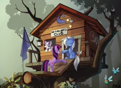 Size: 2048x1497 | Tagged: safe, artist:ponykillerx, imported from ponybooru, trixie, twilight sparkle, twilight velvet, parasprite, pony, unicorn, butt, clubhouse, eyes closed, female, flag, forest, lamp, mare, plot, simpsons did it, sitting, tree, treehouse, twibutt