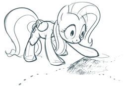 Size: 882x615 | Tagged: safe, fluttershy, ant, insect, pegasus, pony, anthill, ants, crouching, female, solo, stare, thousand yard stare, wide eyes