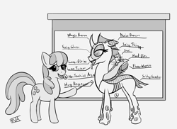 Size: 5500x4000 | Tagged: safe, artist:evan555alpha, imported from ponybooru, cheerilee, oc, oc only, oc:vespa, oc:yvette (evan555alpha), changeling, earth pony, pony, buzzing wings, changeling oc, classroom, diagram, dorsal fin, elytra, evan's daily buggo, fangs, female, flying, forked tongue, glasses, gritted teeth, lidded eyes, open mouth, pointer, pointing, ponybooru exclusive, pull down screen, raised hoof, raised leg, round glasses, showcase, signature, silly, simple background, sketch, spread wings, standing, straining, teacher, teaching, text, tongue out, trio, white background, wings
