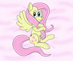 Size: 1280x1068 | Tagged: safe, artist:wolvinof, imported from derpibooru, fluttershy, inflatable pony, pegasus, bed, bedsheets, inflatable, looking at you, lying down, smiling, smiling at you, waiting