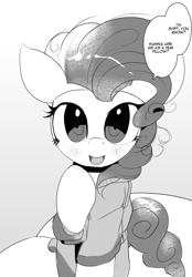 Size: 3000x4310 | Tagged: safe, artist:vultraz, pinkie pie, black and white, blushing, clothes, dialogue, grayscale, looking at you, monochrome, offscreen character, parody, pov, speech bubble, talking, talking to viewer