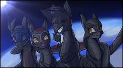 Size: 1800x1000 | Tagged: safe, artist:andromailus, oc, oc only, original species, plane pony, pony, a-12, eyes closed, female, group photo, hug, mlem, plane, siblings, silly, sisters, smiling, sr-71 blackbird, tongue out, u-2, yf-12