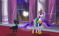 Size: 3600x2200 | Tagged: safe, artist:andromailus, princess celestia, raven, oc, oc:anon, alicorn, bird, pony, raven (bird), unicorn, anon pony, anonicorn, catasterism, clothes, colt, costume, cute, dialogue, earth, female, floating, hnnng, horn, long horn, male, mare, missing horn, momlestia, nightmare night, orbit, pun, sun, too cute, visual pun