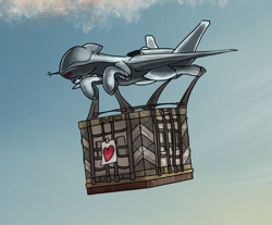 Size: 904x748 | Tagged: safe, artist:andromailus, oc, oc only, original species, plane pony, pony, predator drone, care package (box), drone, flying, heart, hoof hold, open mouth, plane, plane ponies, solo