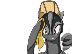 Size: 1600x1200 | Tagged: safe, artist:andromailus, oc, oc only, original species, plane pony, pony, a-10 thunderbolt ii, fanning, female, plane, reaction image, simple background, solo, sweat, sweating profusely, towel, white background, wide eyes