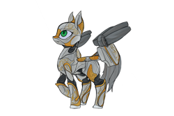 Size: 1500x1000 | Tagged: safe, artist:andromailus, oc, oc only, oc:nova spark, pony, robot, robot pony, green eyes, raised hoof, simple background, solo, white background