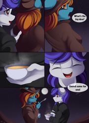 Size: 2000x2778 | Tagged: safe, artist:conrie, imported from derpibooru, oc, oc only, anthro, earth pony, pony, unicorn, fallout equestria, clothes, comic, crossover, earth pony oc, eating, fallout, food, high res, horn, night, sand, stew, text, unicorn oc, wasteland