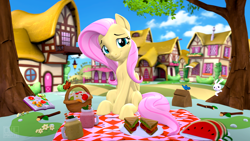 Size: 3840x2160 | Tagged: safe, artist:owlpirate, imported from derpibooru, angel bunny, fluttershy, butterfly, pegasus, pony, 3d, book, cloud, cute, female, flower, food, fruit, herbivore, high res, looking at you, male, mare, picnic, plate, ponyville, sandwich, shyabetes, sitting, sky, source filmmaker, tree, veggie sandwich, watermelon