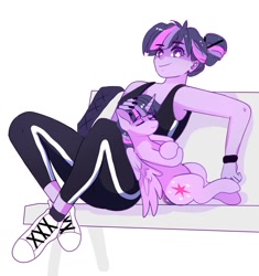 Size: 1051x1116 | Tagged: safe, artist:aaa-its-spook, imported from derpibooru, twilight sparkle, alicorn, pony, equestria girls, bench, clothes, eyes closed, hair bun, human ponidox, petting, self ponidox, shoes, sitting, sleeping, sneakers, sports outfit, tanktop, twilight sparkle (alicorn), wristband