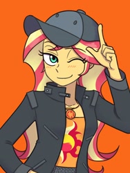 Size: 1620x2160 | Tagged: safe, artist:haibaratomoe, imported from derpibooru, sunset shimmer, display of affection, equestria girls, equestria girls series, clothes, cutie mark, cutie mark on clothes, flanksy, geode of empathy, hat, jacket, jewelry, leather, leather jacket, magical geodes, necklace, one eye closed, solo, wink