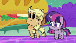 Size: 1920x1080 | Tagged: safe, imported from derpibooru, screencap, applejack, twilight sparkle, alicorn, earth pony, pony, my little pony: pony life, spoiler:pony life s02e03, applejack's hat, cowboy hat, duo, duo female, eyes closed, female, food, g4.5, giant food, hat, mare, nostrils, pony life, sniffing, sub sandwich, submarine sandwich, the comet section, twilight sparkle (alicorn)