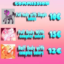 Size: 1080x1080 | Tagged: safe, artist:tessa_key_, imported from derpibooru, princess cadance, oc, alicorn, earth pony, pony, advertisement, colored hooves, commission info, earth pony oc, eyelashes, female, fishnets, gradient background, horn, mare, wings