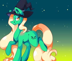 Size: 1080x915 | Tagged: safe, artist:tessa_key_, imported from derpibooru, oc, oc only, earth pony, pony, abstract background, earth pony oc, hat, raised hoof, solo, witch hat