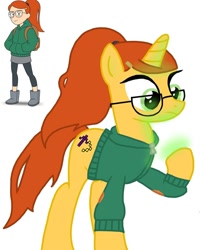 Size: 1080x1350 | Tagged: safe, artist:ponyrefaa, imported from derpibooru, human, pony, unicorn, 2021, boots, clothes, crossover, duo, female, glasses, glowing hooves, horn, infinity train, mare, ponified, shoes, simple background, tulip (infinity train), tulip olsen, white background