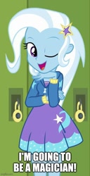 Size: 433x848 | Tagged: safe, imported from derpibooru, trixie, equestria girls, equestria girls series, forgotten friendship, caption, image macro, imgflip, one eye closed, text, wink