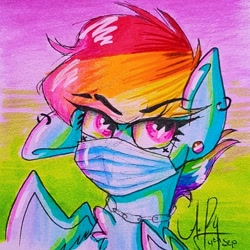 Size: 728x728 | Tagged: safe, artist:galaxy.in.mind, imported from derpibooru, rainbow dash, pegasus, pony, bust, ear piercing, earring, eyelashes, face mask, female, jewelry, mare, mask, piercing, pride flag, signature, solo, traditional art, wings