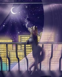 Size: 1080x1351 | Tagged: safe, artist:pony_riart, imported from derpibooru, oc, oc only, earth pony, pony, balcony, building, crescent moon, earth pony oc, female, looking up, mare, moon, night, outdoors, smoking, solo, transparent moon