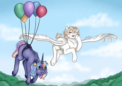 Size: 1080x764 | Tagged: safe, artist:pony_riart, imported from derpibooru, pinkie pie, oc, oc only, pegasus, pony, unicorn, balloon, cloud, duo, eyes closed, female, floating, flying, horn, mare, outdoors, pegasus oc, spread wings, then watch her balloons lift her up to the sky, unicorn oc, wings