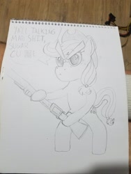 Size: 3024x4032 | Tagged: safe, artist:end credicts, imported from derpibooru, applejack, earth pony, pony, female, gun, hat, irl, mare, meme, monochrome, photo, solo, sugarcube, threatening, vulgar, weapon, 🅱