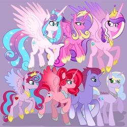 Size: 4096x4096 | Tagged: safe, artist:chelseawest, imported from derpibooru, princess cadance, princess flurry heart, princess skyla, oc, oc:globe thistle, oc:lilac hearts, oc:mi amore rose heart, oc:mi amore ruby heart, alicorn, pony, unicorn, adult, alicorn oc, aunt and nephew, aunt and niece, descendant, father and child, father and daughter, female, grandmother and grandchild, grandmother and granddaughter, grandmother and grandson, great granddaughter, great grandmother, horn, male, mama cadence, mama flurry, mama skyla, mother and child, mother and daughter, offspring, offspring's offspring, older, older flurry heart, older princess cadance, parent:oc:glimmering shield, parent:oc:globe thistle, parent:oc:mi amore rose heart, parent:oc:silk tie, parent:oc:sweet chamomile, parent:oc:tempered beauty, parent:princess flurry heart, parent:princess skyla, parents:canon x oc, petalverse, royalty, siblings, sisters, wings