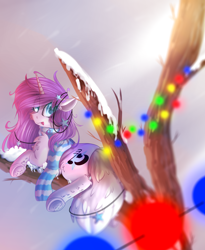 Size: 1736x2113 | Tagged: safe, artist:mediasmile666, imported from derpibooru, oc, oc only, pony, unicorn, branches, christmas ornament, clothes, decoration, female, looking back, mare, ornament, scarf, snow, snowfall, socks, tongue out, winter