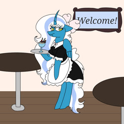 Size: 1280x1280 | Tagged: safe, artist:icydarkflame, imported from derpibooru, oc, oc:fleurbelle, alicorn, anthro, pony, :t, alicorn oc, apron, bipedal, bow, cafe, clothes, dress, female, food, hair bow, horn, ice cream, maid, mare, tables, tray, wings, yellow eyes