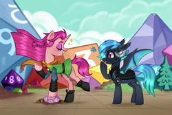 Size: 3481x2343 | Tagged: safe, artist:thomasray000, imported from derpibooru, oc, oc only, oc:delusive rose, oc:moondrive, bat pony, unicorn, bat pony oc, bat wings, female, helmet, high res, horn, mare, mascot, rubronycon, unicorn oc, wings