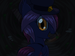 Size: 800x600 | Tagged: safe, artist:rangelost, imported from derpibooru, oc, oc only, oc:moonflower, bat pony, pony, cyoa:d20 pony, bat pony oc, bat wings, bust, cap, cave, female, hat, looking at you, looking back, looking back at you, mare, pixel art, rear view, solo, talking to viewer, wings