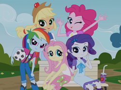 Size: 2342x1740 | Tagged: safe, edit, edited screencap, editor:damaged, imported from derpibooru, screencap, applejack, fluttershy, pinkie pie, rainbow dash, rarity, equestria girls, equestria girls (movie), alternate hairstyle, apple, applejack's hat, ball, cowboy hat, cropped, female, food, football, freckles, hat, humane five, one eye closed, open mouth, park bench, soccer ball (object), tongue out, wink, younger