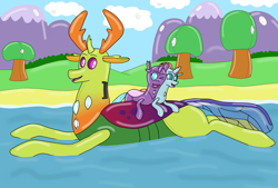 Size: 6480x4378 | Tagged: safe, artist:ltcolonelwhipper, artist:wolvinof, imported from derpibooru, ocellus, thorax, oc, oc:cara, changedling, changeling, inflatable pony, pooltoy pony, absurd resolution, air nozzle, changeling oc, floating, happy, inflatable, inflatable scenery, inflatable toy, king thorax, lake, macro, mountain, mountain range, pool toy, request, rubber, shiny, snuggling