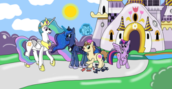 Size: 2226x1156 | Tagged: safe, artist:ltcolonelwhipper, artist:wolvinof, imported from derpibooru, donut joe, princess celestia, princess luna, twilight sparkle, alicorn, balloon pony, inflatable pony, pooltoy pony, unicorn, air nozzle, balloon, canterlot, clothes, happy, human to pony, inflatable, inflatable scenery, magic, pool toy, request, ripping clothes, rubber, transformation, transformed, twilight sparkle (alicorn), welcome