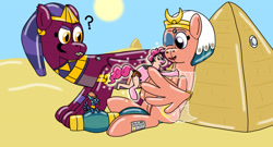 Size: 1280x691 | Tagged: safe, artist:ltcolonelwhipper, artist:wolvinof, imported from derpibooru, pinkie pie, prince hisan, somnambula, sphinx (character), earth pony, human, inflatable pony, pegasus, pooltoy pony, sphinx, air nozzle, confused, desert, egyptian, egyptian pony, happy, hug, human to pony, inflatable, inflatable scenery, macro, magic, one eye closed, parade balloon, pool toy, pyramid, question mark, request, rubber, spell, transformation, wings