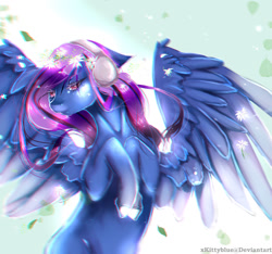 Size: 1280x1200 | Tagged: safe, artist:xkittyblue, imported from derpibooru, oc, oc only, pegasus, pony, beautiful, blue pony, commission, feather, female, flower, flower in hair, flying, headphones, leaf, looking at you, purple eyes, purple mane, sky, solo, spread wings, sunlight, wings, ych result
