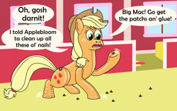 Size: 1280x803 | Tagged: safe, artist:wolvinof, imported from derpibooru, apple bloom, applejack, earth pony, inflatable pony, pooltoy pony, series:deflation is magic, air nozzle, annoyed, applejack's hat, barn, calling, complaining, cowboy hat, deflated, deflating, deflation, hat, hay bale, inflatable, nails, pool toy, puncture, sweet apple acres