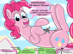Size: 1280x946 | Tagged: safe, artist:wolvinof, imported from derpibooru, pinkie pie, rainbow dash, earth pony, inflatable pony, pegasus, pony, pooltoy pony, series:deflation is magic, air nozzle, breaking the fourth wall, comically missing the point, comments, confused, deflated, deflation, floating, giant pony, happy, helium inflation, hose, inflatable, inflating, inflation, macro, mistake, offscreen character, parade balloon, pinkie being pinkie, ponyville, pool toy, question mark
