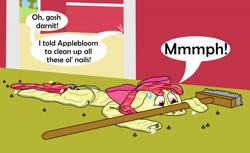 Size: 1280x781 | Tagged: safe, artist:wolvinof, imported from derpibooru, apple bloom, applejack, earth pony, inflatable pony, pooltoy pony, series:deflation is magic, air nozzle, apple bloom's bow, barn, bow, broom, deflating, deflation, hair bow, helpless, inflatable, muffled words, nails, no bones, offscreen character, pool toy, puncture, stuck, sweat, sweatdrop, sweet apple acres, worried