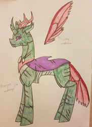 Size: 2842x3913 | Tagged: safe, artist:agdapl, imported from derpibooru, pharynx, changedling, changeling, floating wings, high res, male, prince pharynx, scar, signature, solo, traditional art, wings