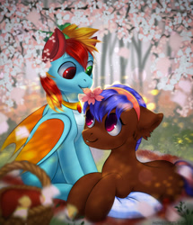 Size: 1290x1500 | Tagged: safe, artist:honeyapplecake, artist:honeyapplecake1, imported from derpibooru, oc, oc:drivel, oc:hearts desire, dragon, earth pony, pony, background, cherry blossoms, flower, flower blossom, heterochromia, scenery, sun