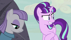 Size: 1920x1080 | Tagged: safe, imported from derpibooru, screencap, maud pie, starlight glimmer, earth pony, pony, unicorn, rock solid friendship, season 7, animation error, evil grin, female, grin, gritted teeth, mare, s5 starlight, smiling