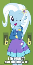 Size: 500x979 | Tagged: safe, edit, edited screencap, imported from derpibooru, screencap, trixie, equestria girls, equestria girls series, forgotten friendship, caption, clothes, image macro, imgflip, lockers, one eye closed, open mouth, skirt, smiling, talking, text, wink
